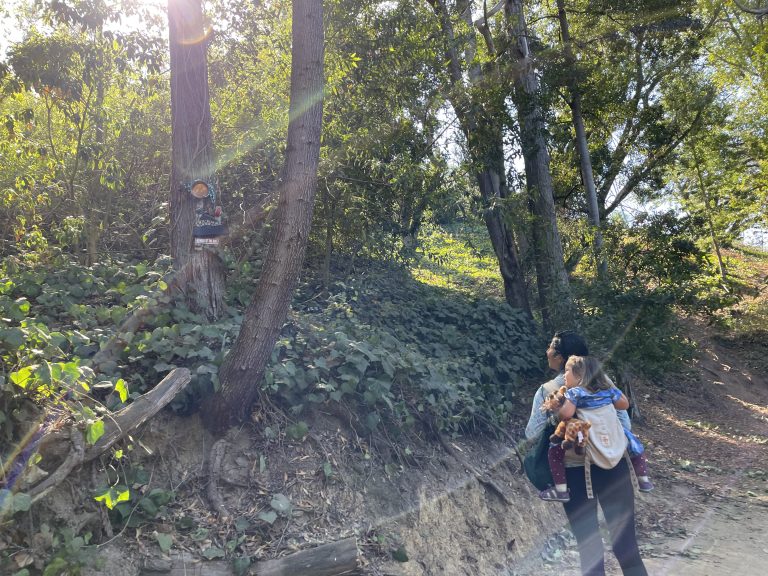 Mother and child in an ergo baby carrier on the bridgeview troll trail in oakland